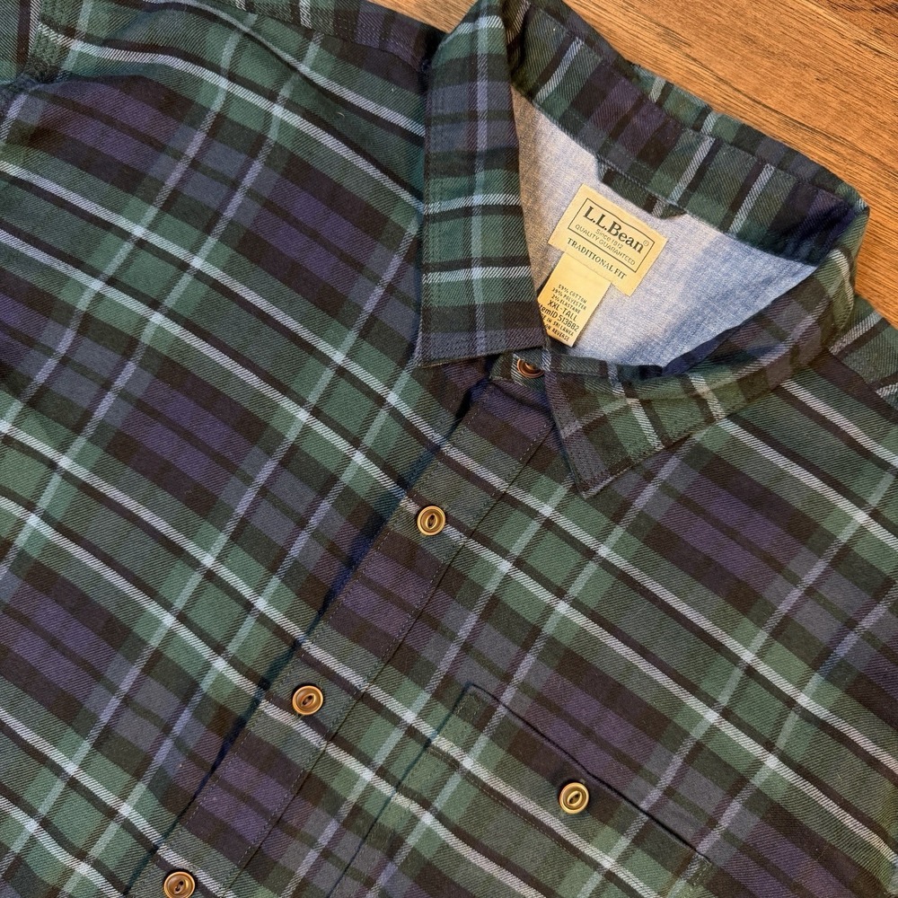 LL Bean Flannel Shirt Mens 2XL Tall Blue Green  Black Watch Plaid Tartan Outdoor